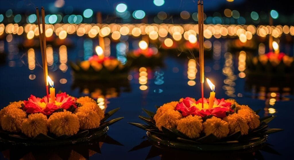Guests celebrating Thanksgiving and Loy Krathong in Thailand, releasing krathongs into the sea and lakes near Natai Beach.