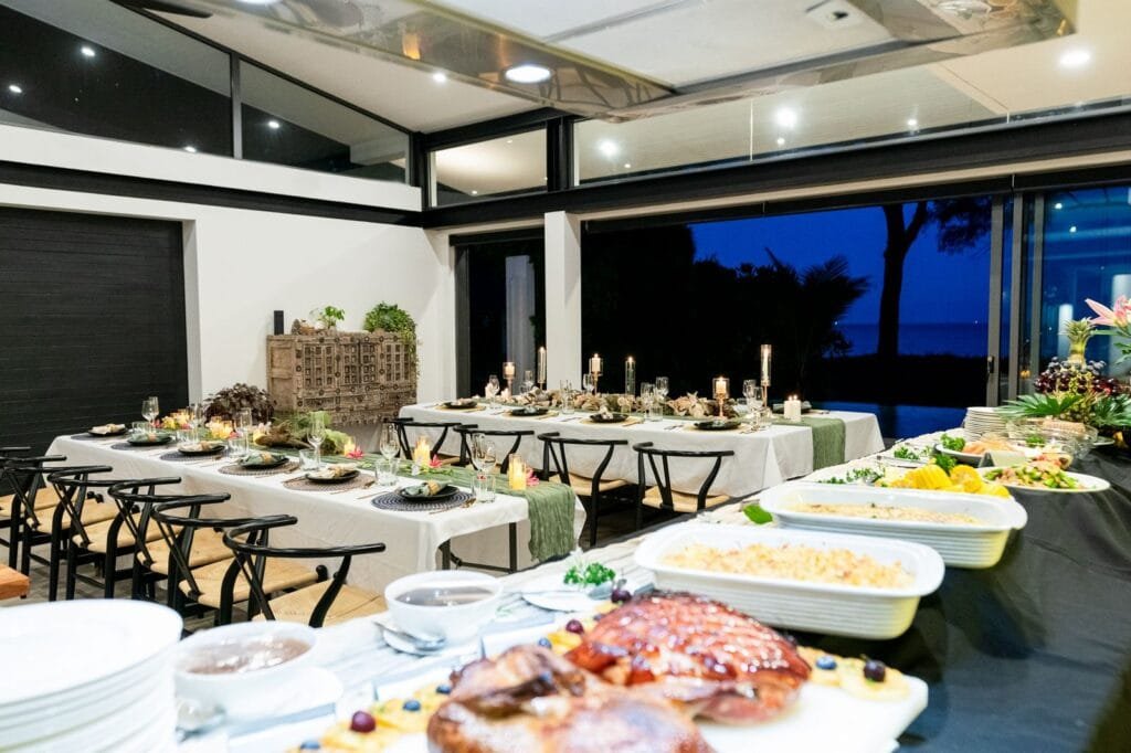Luxury Thanksgiving dinner in Phuket with festive table and tropical decor at Twin Villas Natai.