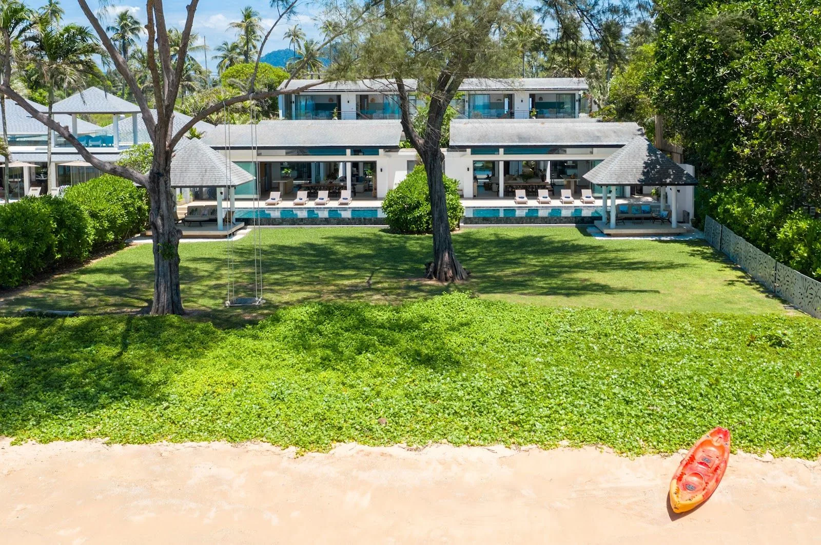 Two Villas, One Estate: A combined 10-Bedroom Private Estate near Phuket for Large Groups | Twin Villas Natai "Beachfront view of Twin Villas Natai with Andaman Sea – Natai double villa private, exclusive villas Phuket.