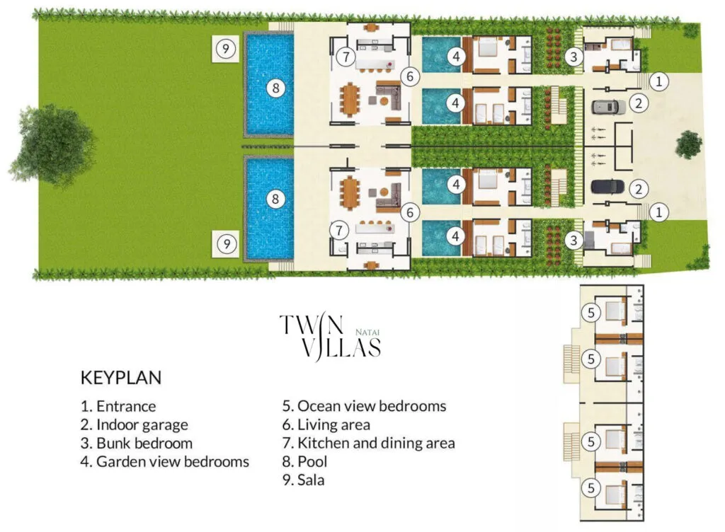 Two Villas, One Estate: A combined 10-Bedroom Private Estate near Phuket for Large Groups | Twin Villas Natai Floor plan of Twin Villas Natai combined 10-bedroom layout – ideal 10 bedroom villa Phuket, private estate Natai.