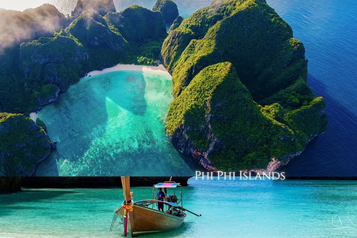 Top Family Activities In and Around Natai Beach | Twin Villas Natai An aerial view of the iconic Maya Bay and a traditional Thai longtail boat on the crystal-clear waters of the Phi Phi Islands, a top day trip for guests at Twin Villas Natai near Phuket.