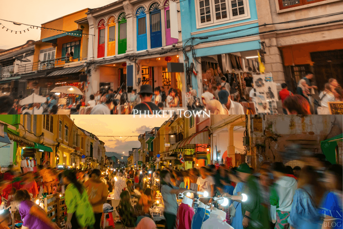 Natai Beach or Phuket? The Discerning Traveler’s Guide to Privacy and Access | Twin Villas Natai Crowded night market street in Phuket, Thailand, with vendors, lights, and heavy pedestrian traffic.