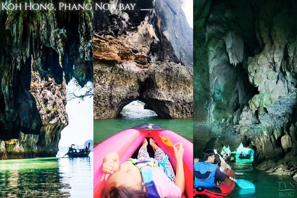 Discover Phang Nga Attractions: The Best Day Trips from Natai Beach, Thailand | Twin Villas Natai Visitors kayaking into the emerald lagoon of Ko Hong in Ao Phang Nga National Park, surrounded by limestone cliffs.