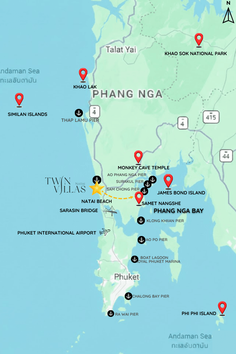 Natai Beach or Phuket? The Discerning Traveler’s Guide to Privacy and Access | Twin Villas Natai Map highlighting Natai Beach in Phang Nga with nearby piers and major Phang Nga Bay landmarks including James Bond Island, Koh Hong, and Koh Panyee.