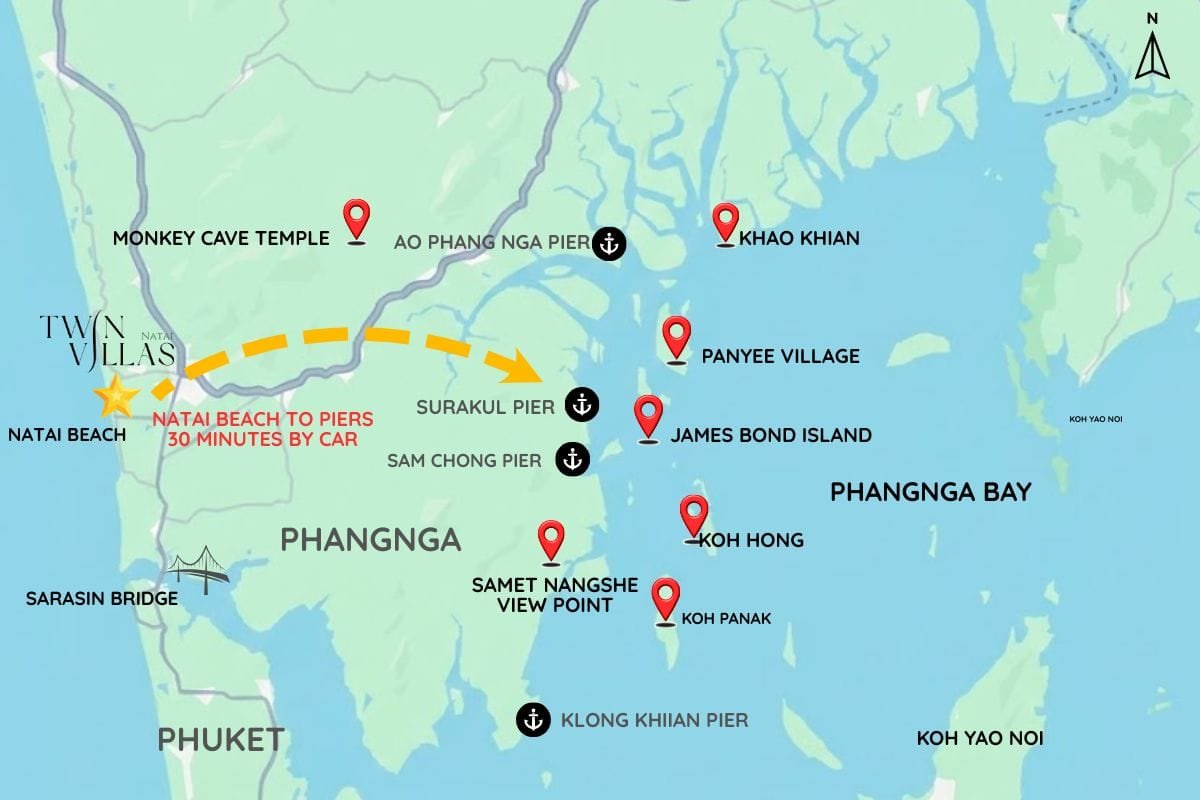 Discover Phang Nga Attractions: The Best Day Trips from Natai Beach, Thailand | Twin Villas Natai Map of Phang Nga Bay showing Natai Beach, mainland piers, James Bond Island, Koh Hong, Koh Panak, Koh Yao Noi, Koh Yao Yai, and surrounding landmarks in southern Thailand.