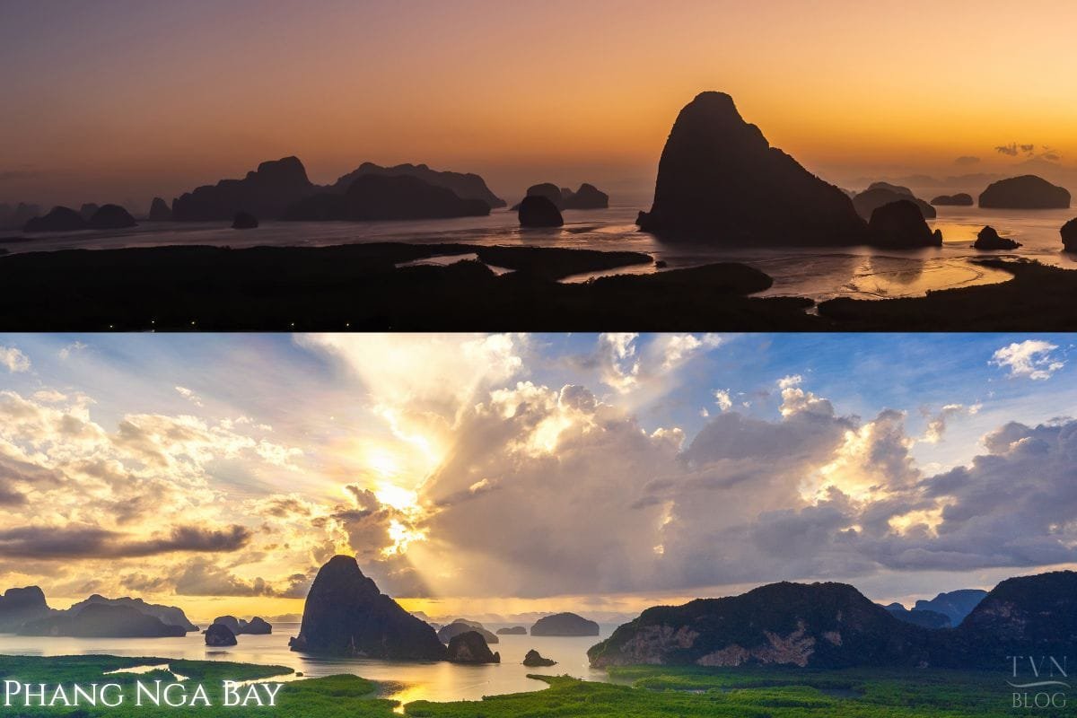 Discover Phang Nga Attractions: The Best Day Trips from Natai Beach, Thailand | Twin Villas Natai Sunrise over Phang Nga Bay with limestone karsts above calm mangrove channels.