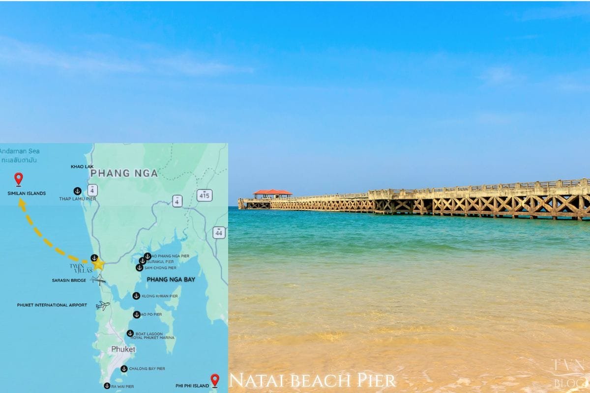 Discover Phang Nga Attractions: The Best Day Trips from Natai Beach, Thailand | Twin Villas Natai Aerial view of Natai Beach Pier extending into the Andaman Sea in Phang Nga, Thailand.