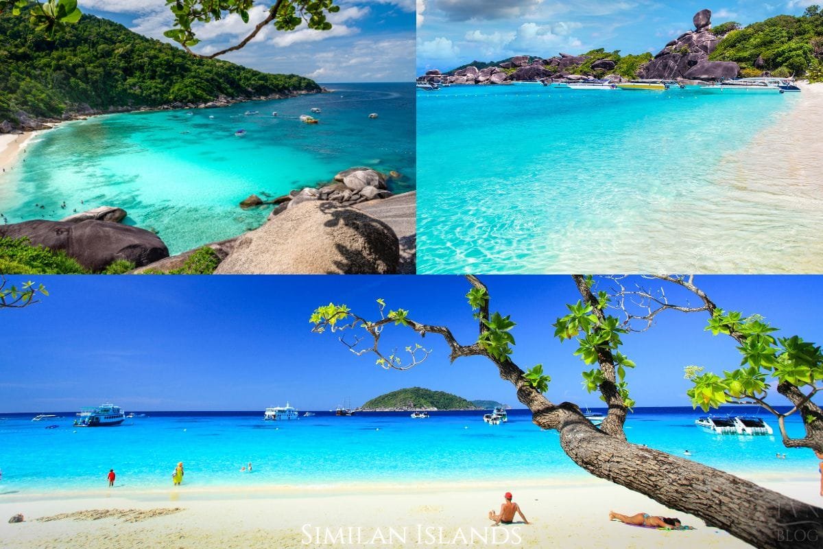 Discover Phang Nga Attractions: The Best Day Trips from Natai Beach, Thailand | Twin Villas Natai White sand beach and turquoise sea at the Similan Islands with boats anchored offshore.