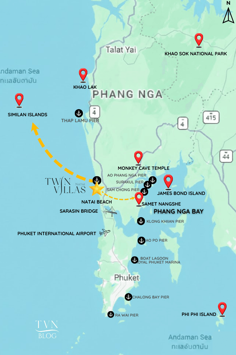 Discover Phang Nga Attractions: The Best Day Trips from Natai Beach, Thailand | Twin Villas Natai Map showing nearby departure piers near Natai beach for Phang Nga Bay and the Similan Islands.
